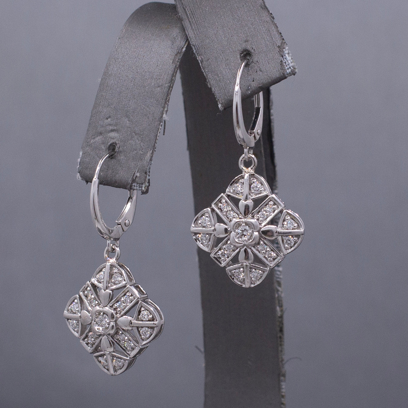 Diamond Snowflake Compass Pierced Dangle Earrings in 14k White Gold