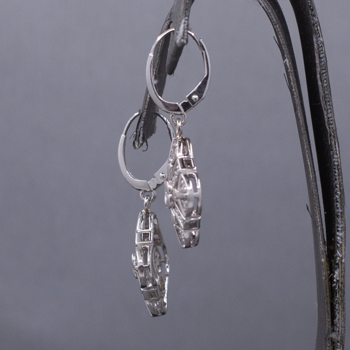Diamond Snowflake Compass Pierced Dangle Earrings in 14k White Gold