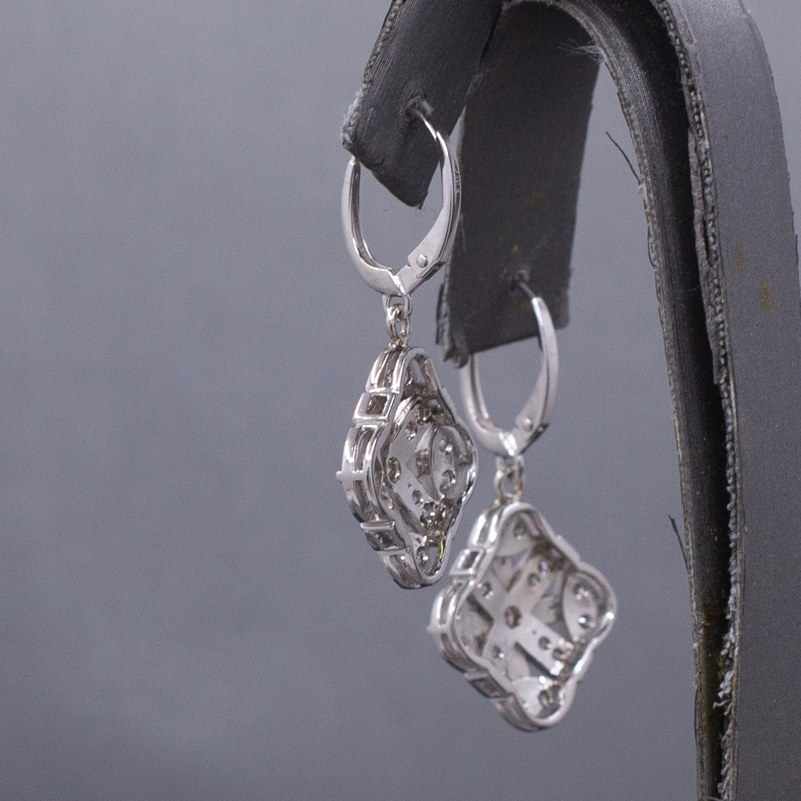 Diamond Snowflake Compass Pierced Dangle Earrings in 14k White Gold