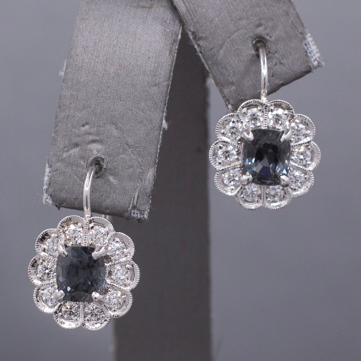 Stunning Silver Grey Spinel and Diamond Drop Earrings in 14k White Gold