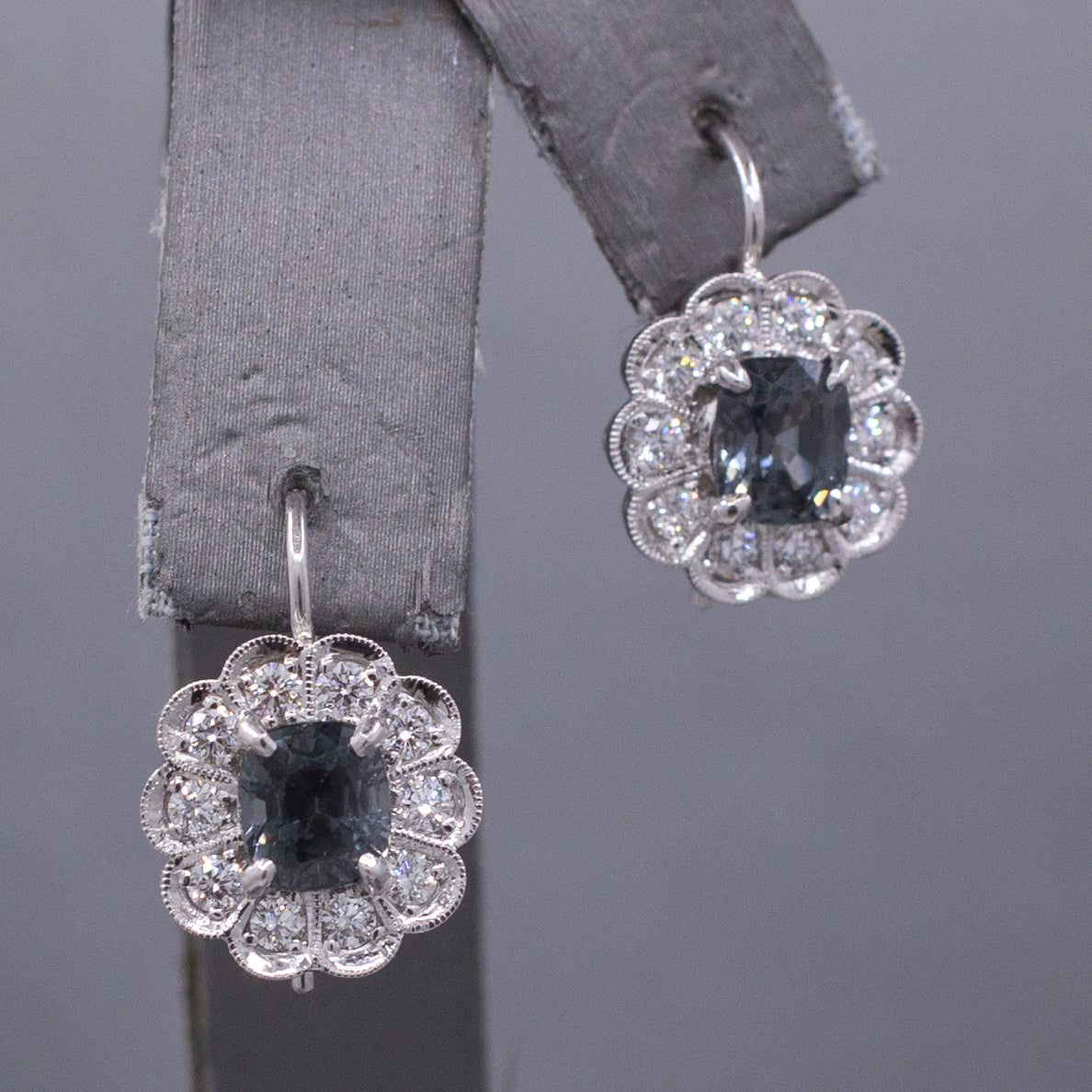 Stunning Silver Grey Spinel and Diamond Drop Earrings in 14k White Gold