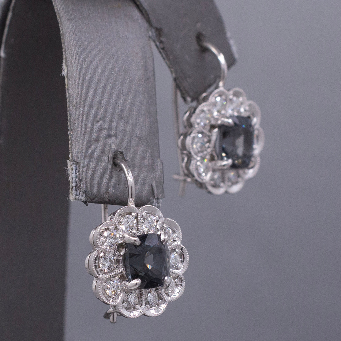 Stunning Silver Grey Spinel and Diamond Drop Earrings in 14k White Gold