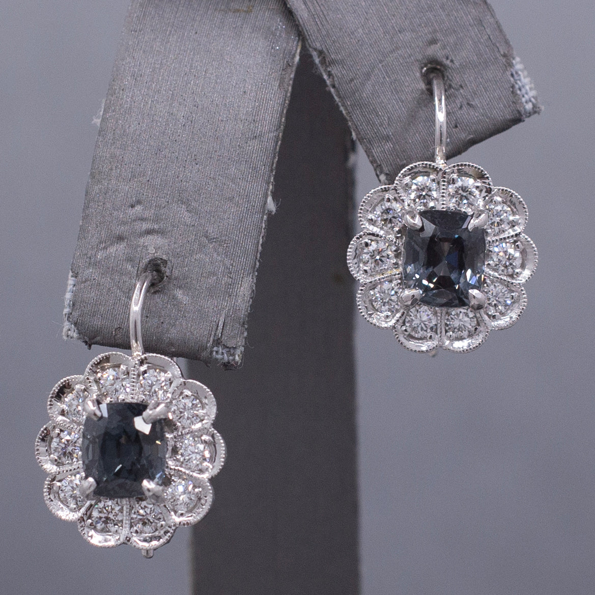 Stunning Silver Grey Spinel and Diamond Drop Earrings in 14k White Gold