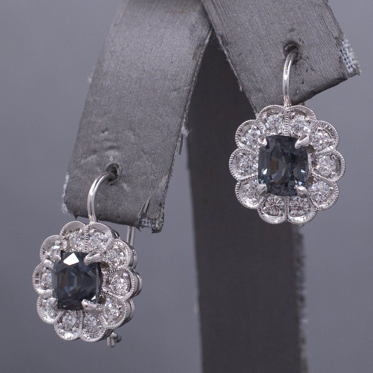 Stunning Silver Grey Spinel and Diamond Drop Earrings in 14k White Gold