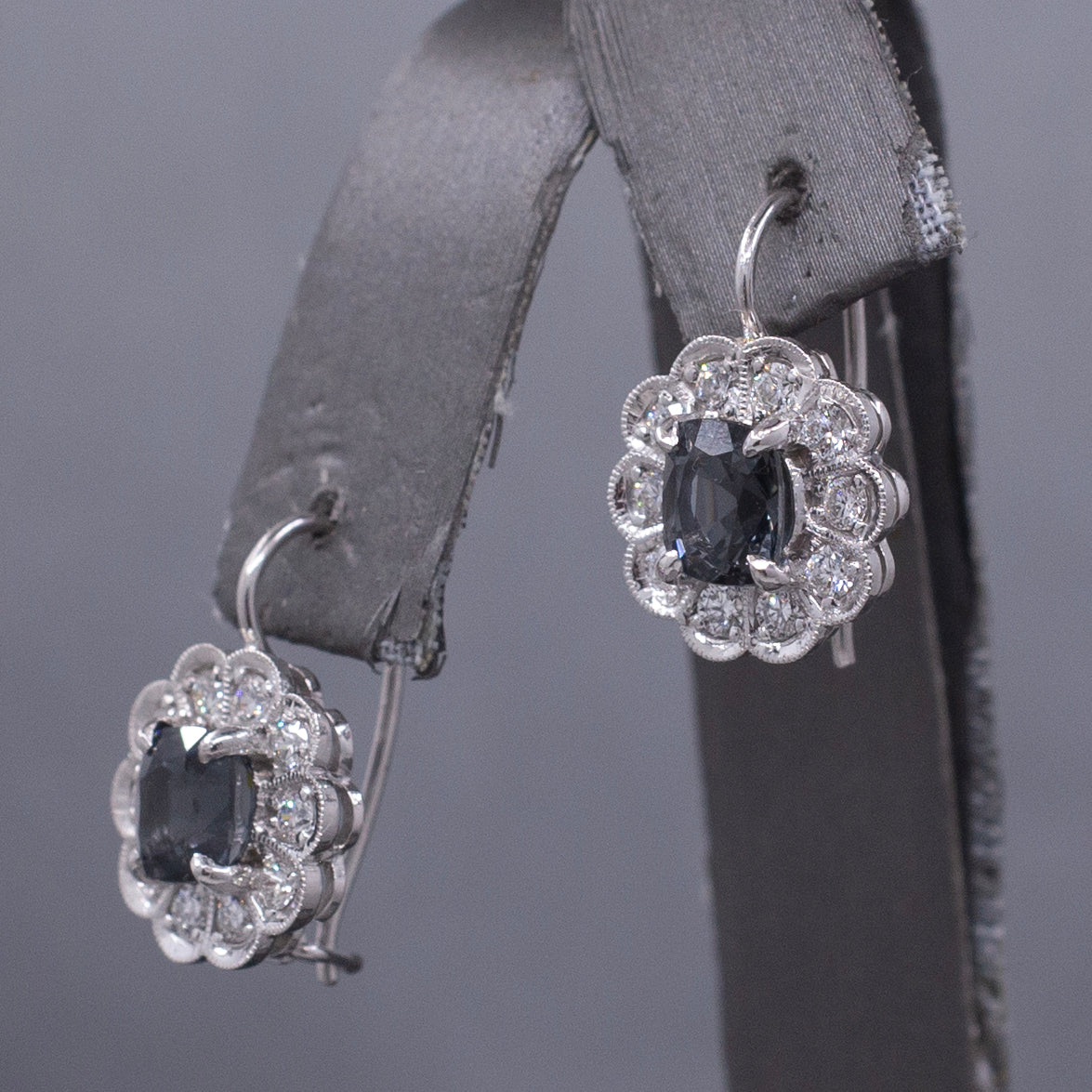 Stunning Silver Grey Spinel and Diamond Drop Earrings in 14k White Gold