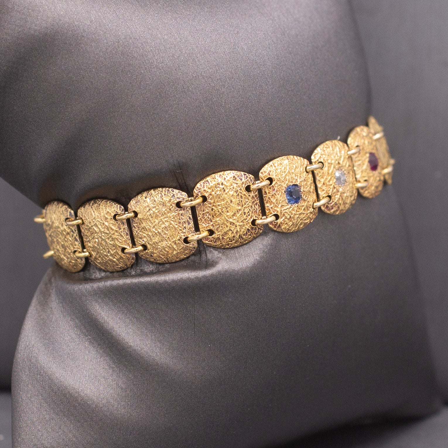 Antique Victorian Ruby Diamond Sapphire Link Bracelet in 10k Yellow Gold