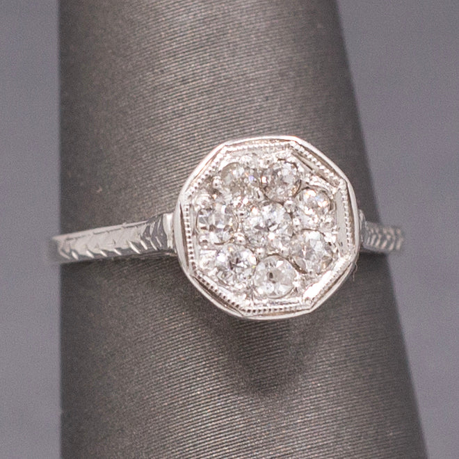 Art Deco Petite Old European Cut Diamond Cluster Engagement Ring in 14k White Gold