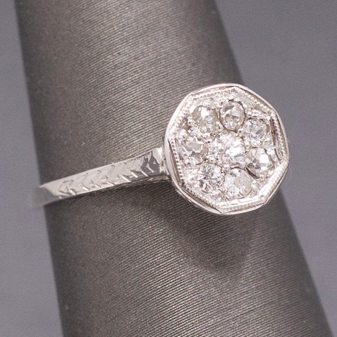 Art Deco Petite Old European Cut Diamond Cluster Engagement Ring in 14k White Gold