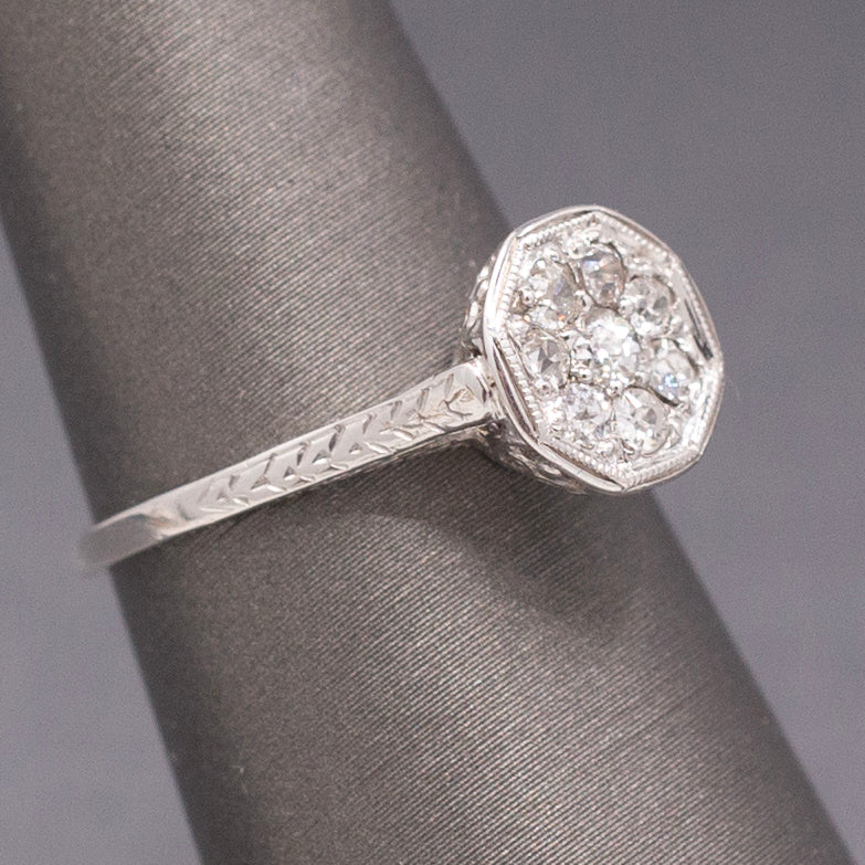 Art Deco Petite Old European Cut Diamond Cluster Engagement Ring in 14k White Gold