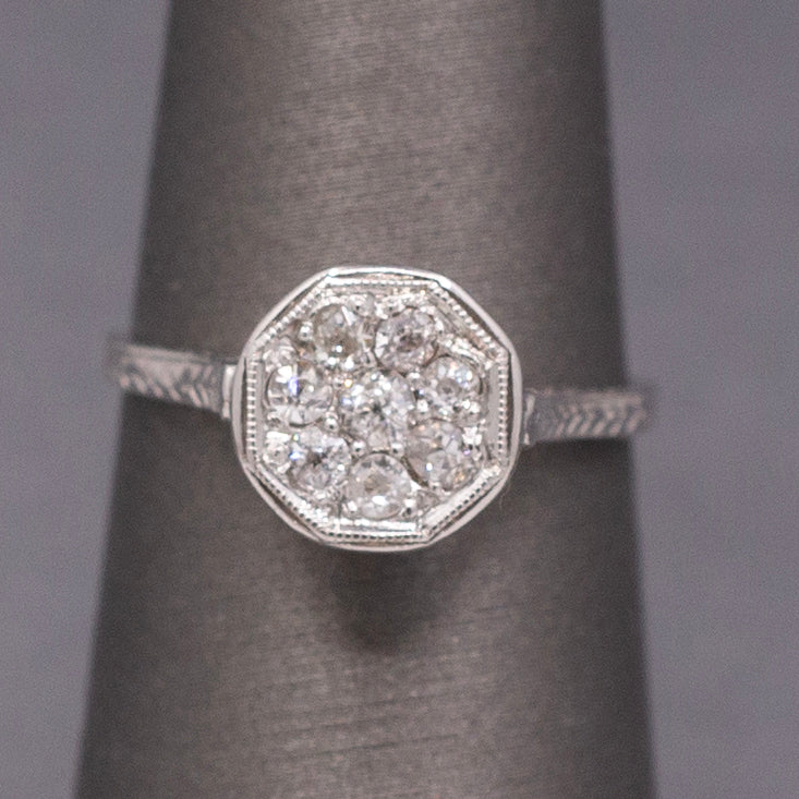 Art Deco Petite Old European Cut Diamond Cluster Engagement Ring in 14k White Gold
