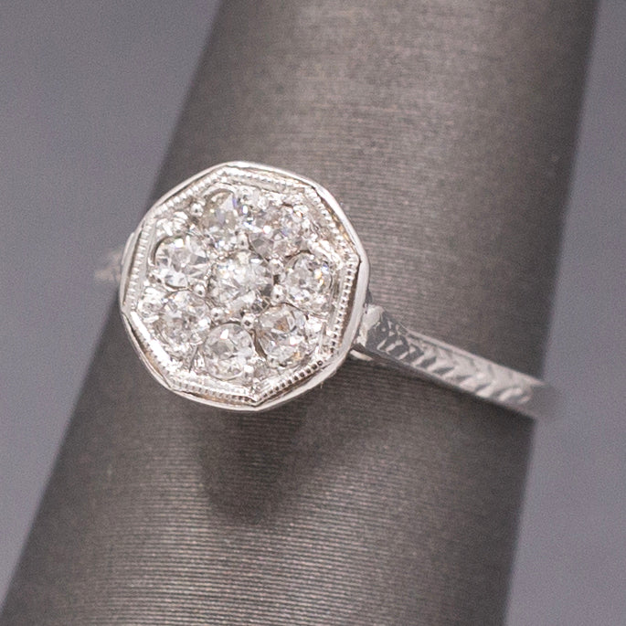 Art Deco Petite Old European Cut Diamond Cluster Engagement Ring in 14k White Gold