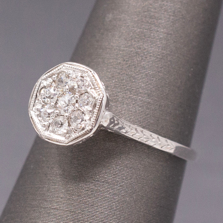 Art Deco Petite Old European Cut Diamond Cluster Engagement Ring in 14k White Gold