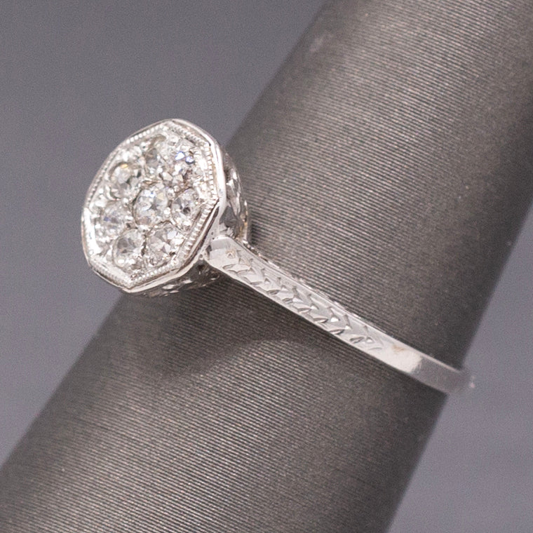 Art Deco Petite Old European Cut Diamond Cluster Engagement Ring in 14k White Gold