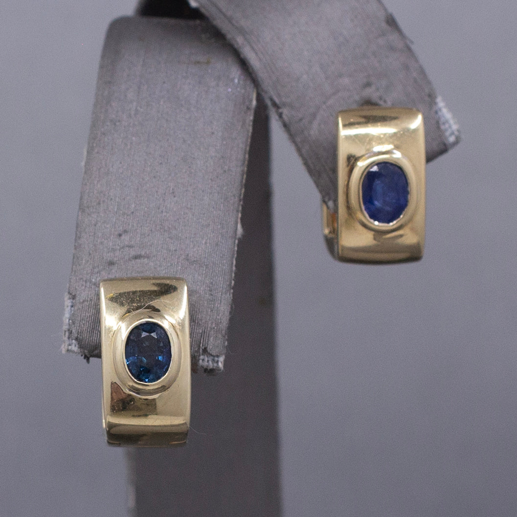Vintage Bezel Set Blue Sapphire Huggie Hoop Earrings in 14k Yellow Gold