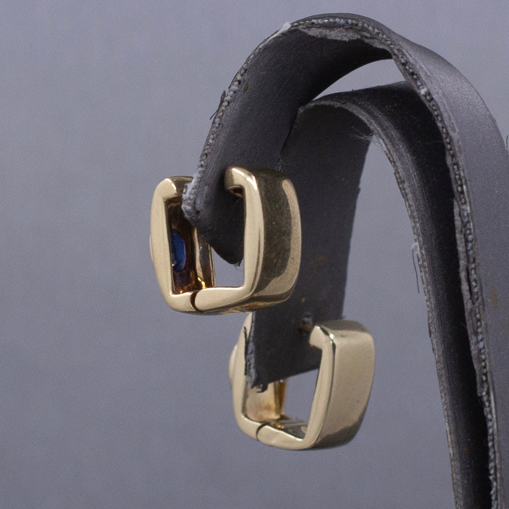 Vintage Bezel Set Blue Sapphire Huggie Hoop Earrings in 14k Yellow Gold