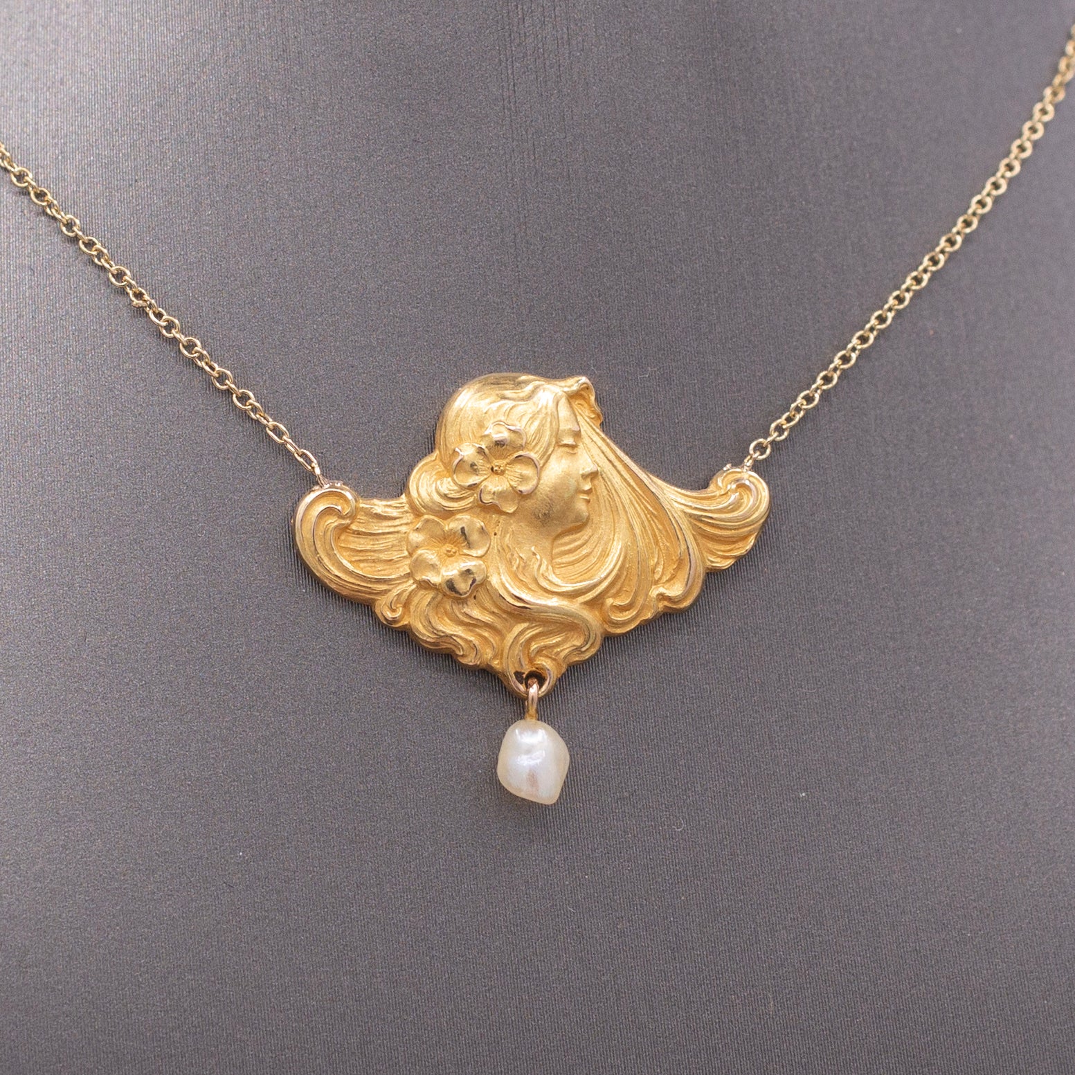 Gorgeous Art Nouveau Woman's Profile Necklace with Pearl Drop in 14k Yellow Gold