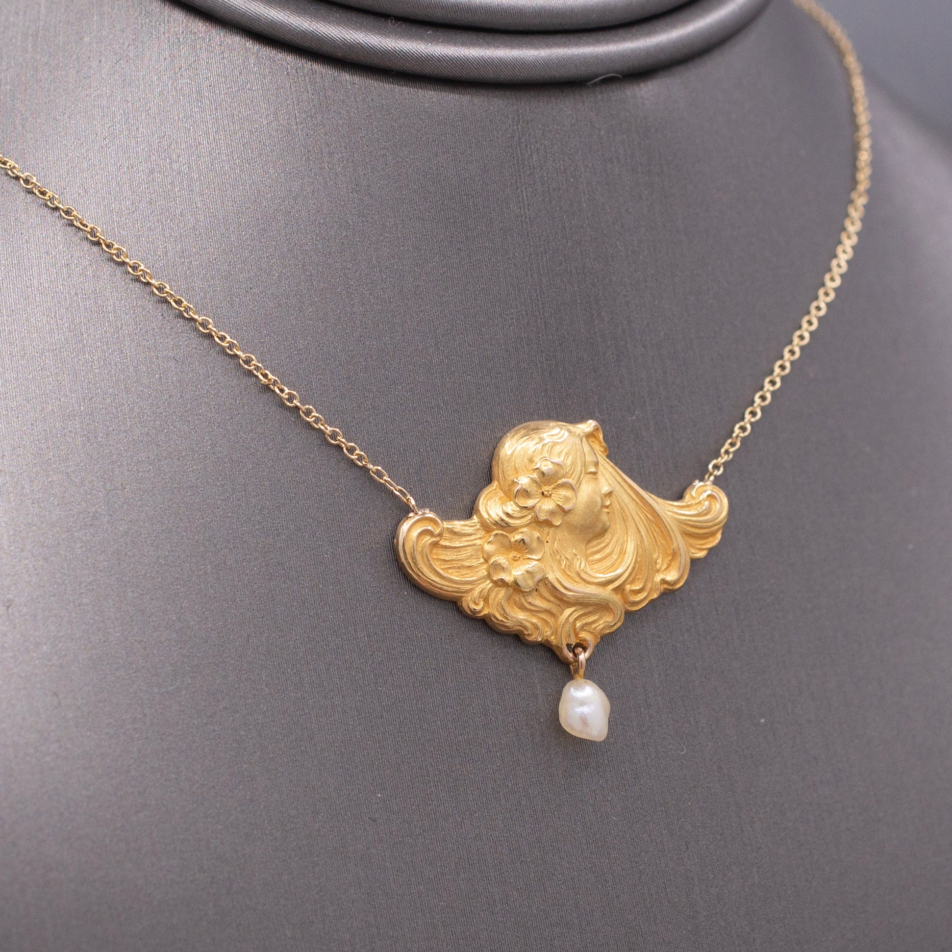 Gorgeous Art Nouveau Woman's Profile Necklace with Pearl Drop in 14k Yellow Gold