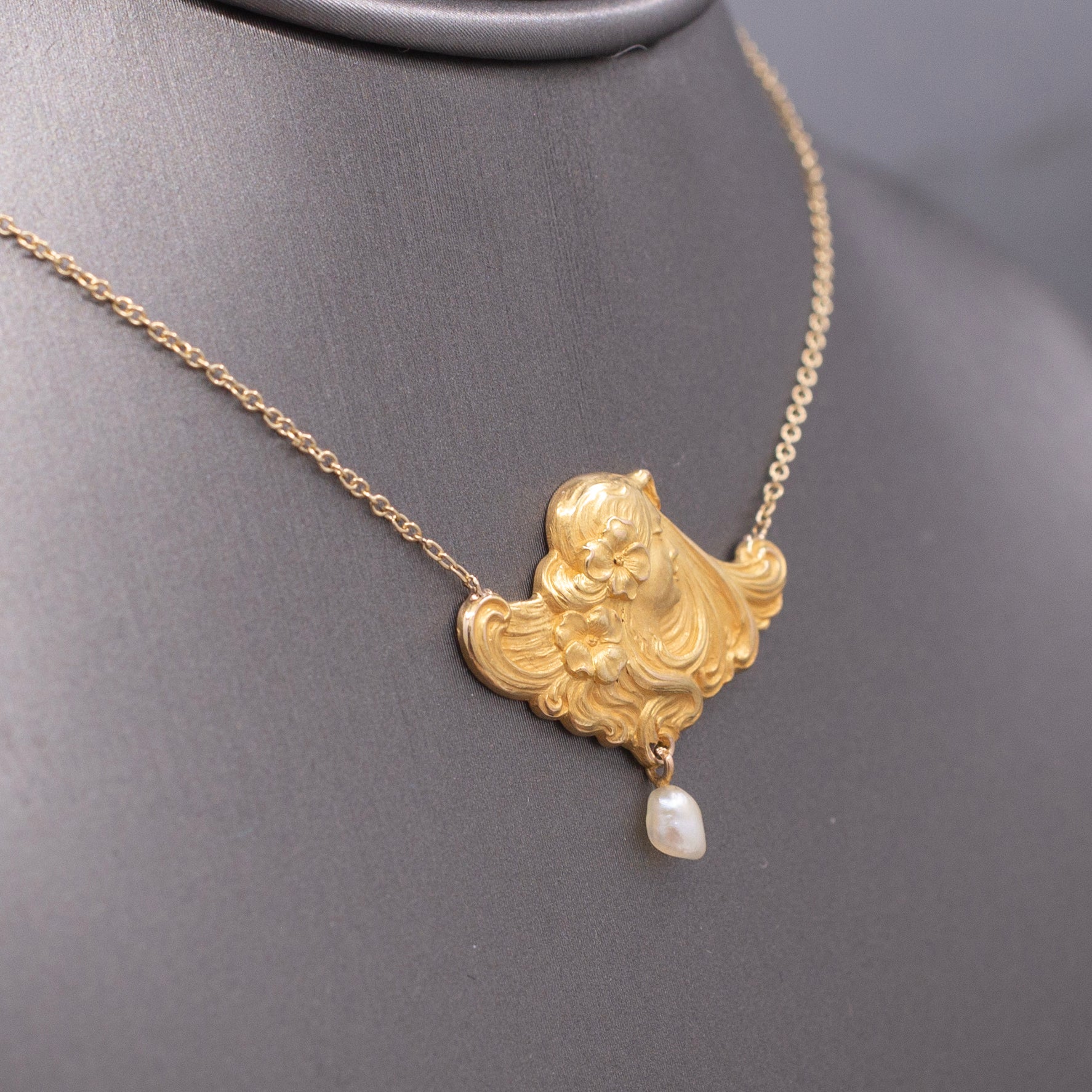 Gorgeous Art Nouveau Woman's Profile Necklace with Pearl Drop in 14k Yellow Gold