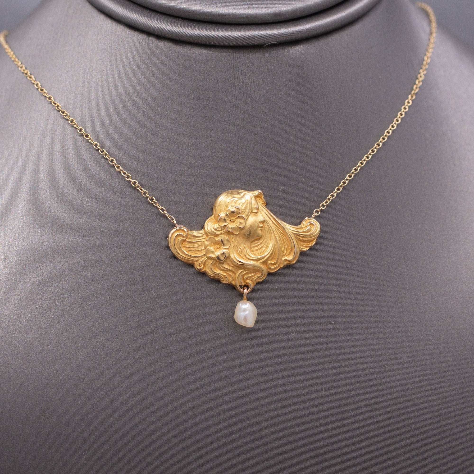Gorgeous Art Nouveau Woman's Profile Necklace with Pearl Drop in 14k Yellow Gold