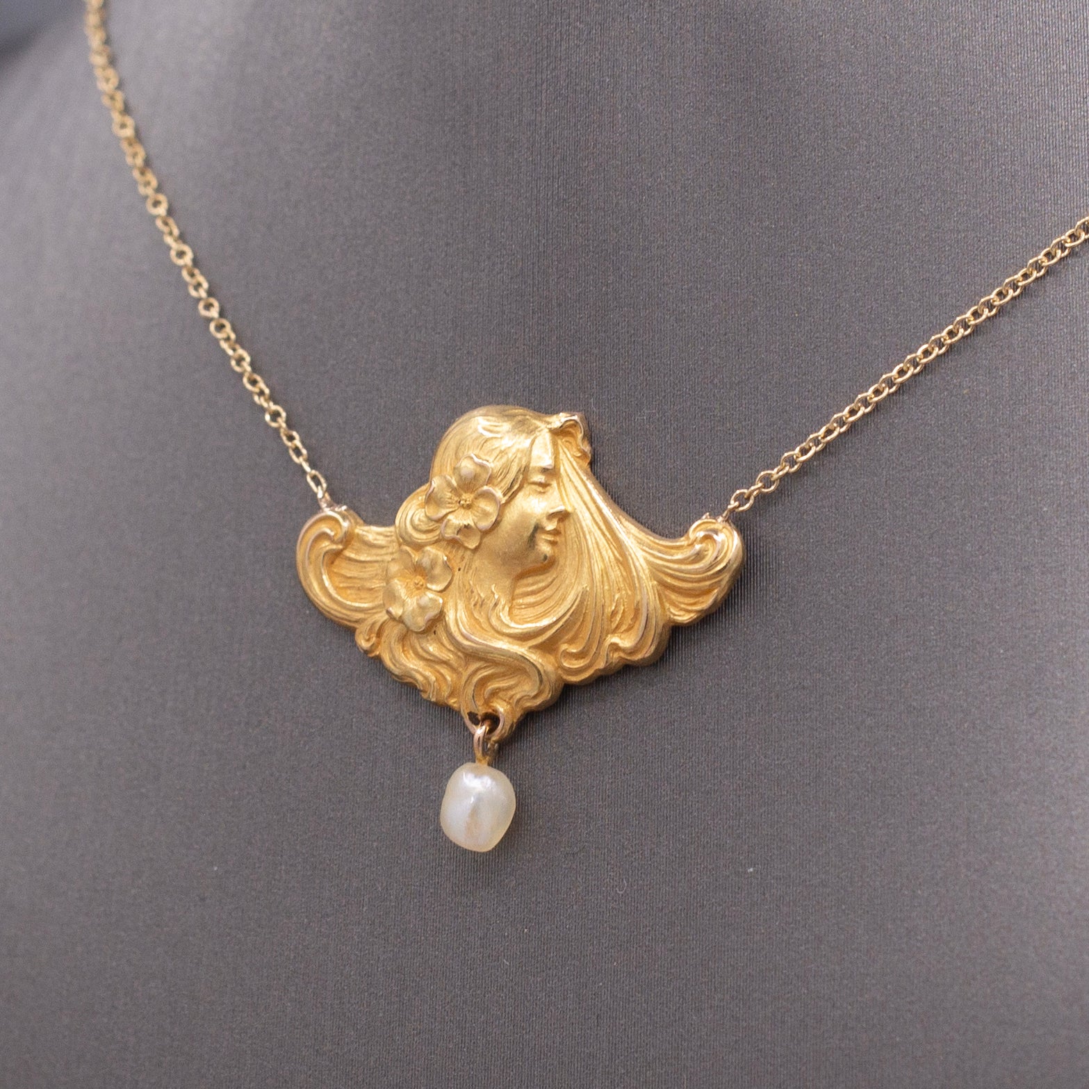 Gorgeous Art Nouveau Woman's Profile Necklace with Pearl Drop in 14k Yellow Gold