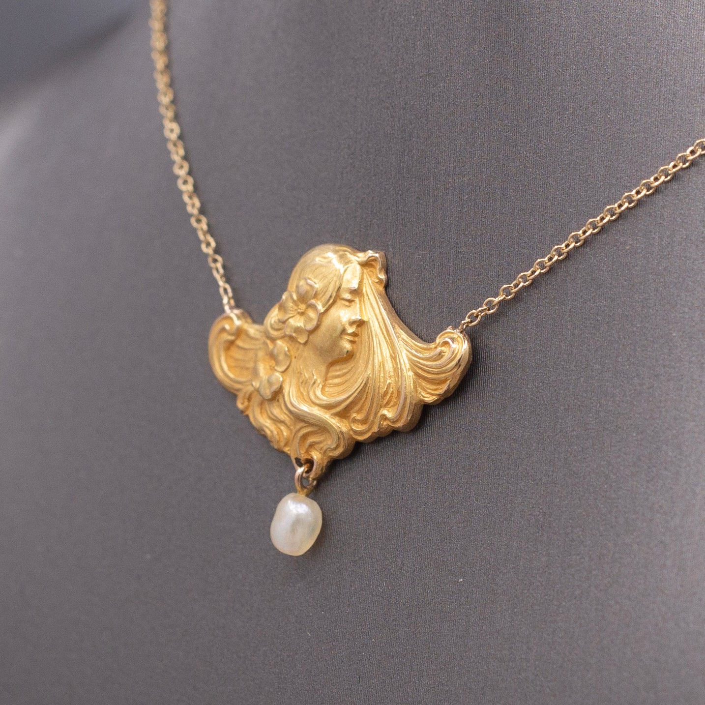 Gorgeous Art Nouveau Woman's Profile Necklace with Pearl Drop in 14k Yellow Gold