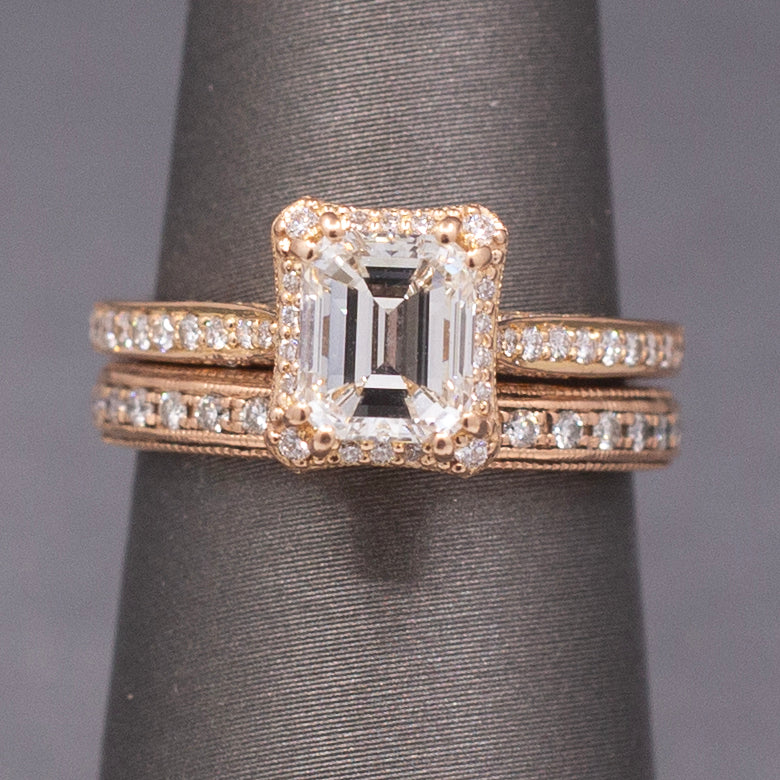 Vintage Tacori Emerald Cut Natural Diamond Engagement Ring in 18k Rose Gold with 14k Diamond Wedding Band
