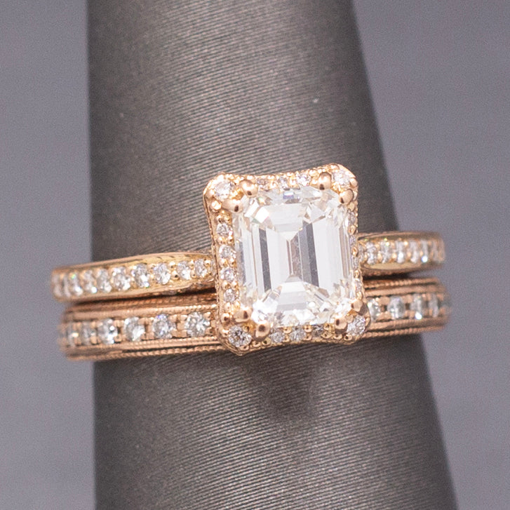 Vintage Tacori Emerald Cut Natural Diamond Engagement Ring in 18k Rose Gold with 14k Diamond Wedding Band
