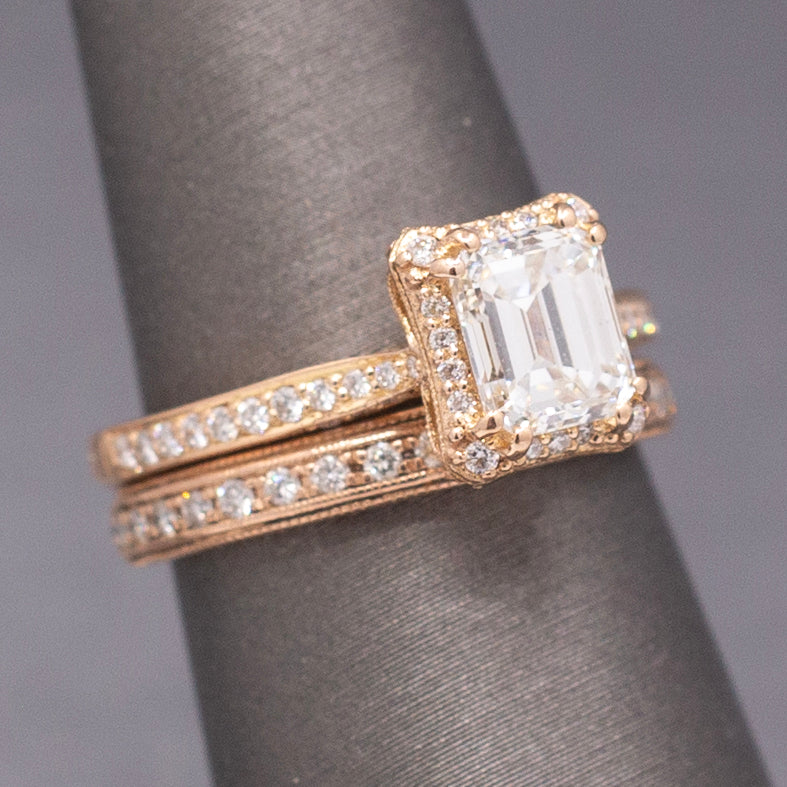 Vintage Tacori Emerald Cut Natural Diamond Engagement Ring in 18k Rose Gold with 14k Diamond Wedding Band