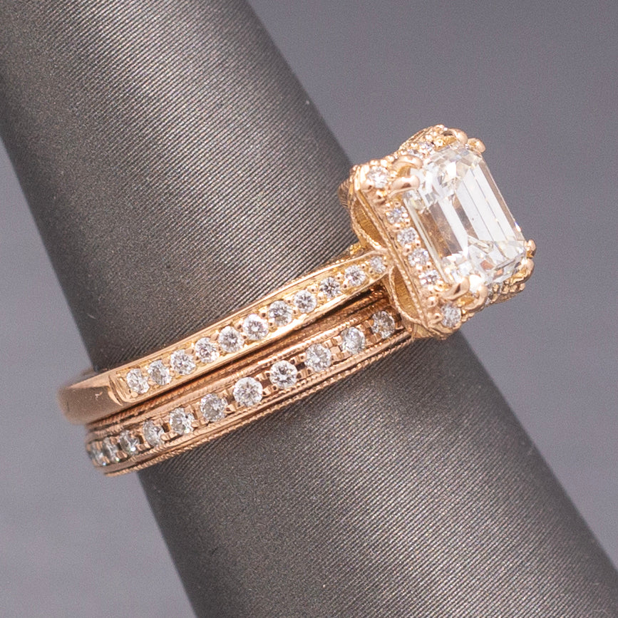 Vintage Tacori Emerald Cut Natural Diamond Engagement Ring in 18k Rose Gold with 14k Diamond Wedding Band