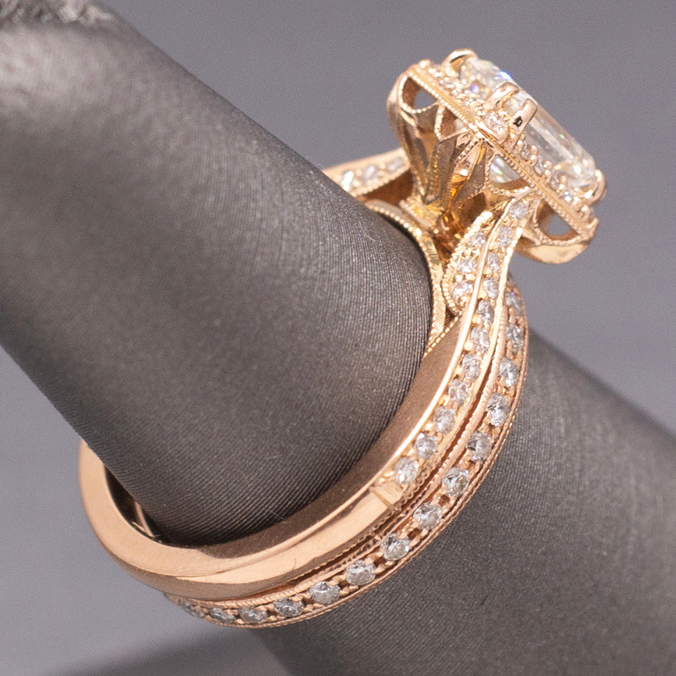 Vintage Tacori Emerald Cut Natural Diamond Engagement Ring in 18k Rose Gold with 14k Diamond Wedding Band