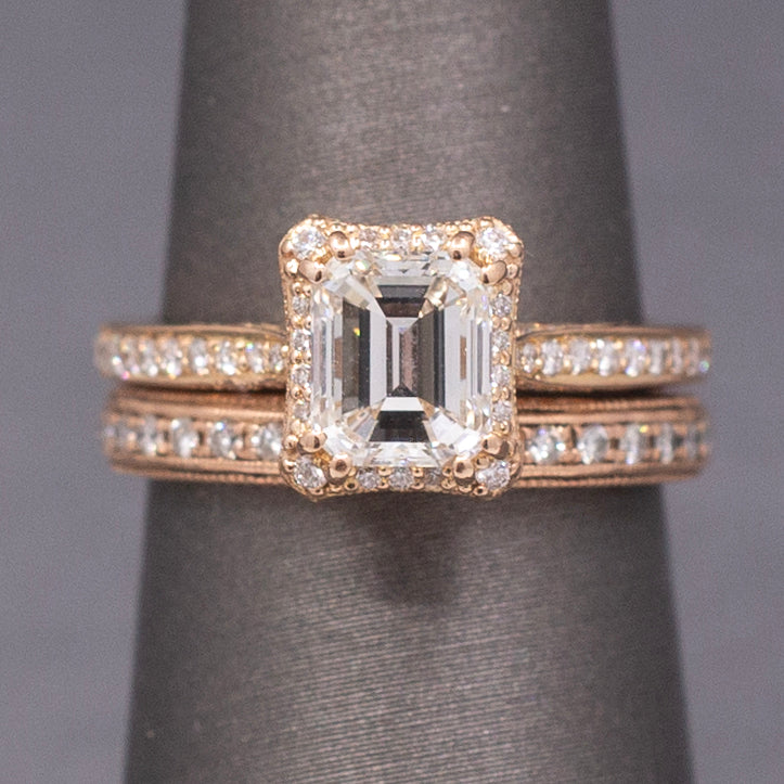 Vintage Tacori Emerald Cut Natural Diamond Engagement Ring in 18k Rose Gold with 14k Diamond Wedding Band