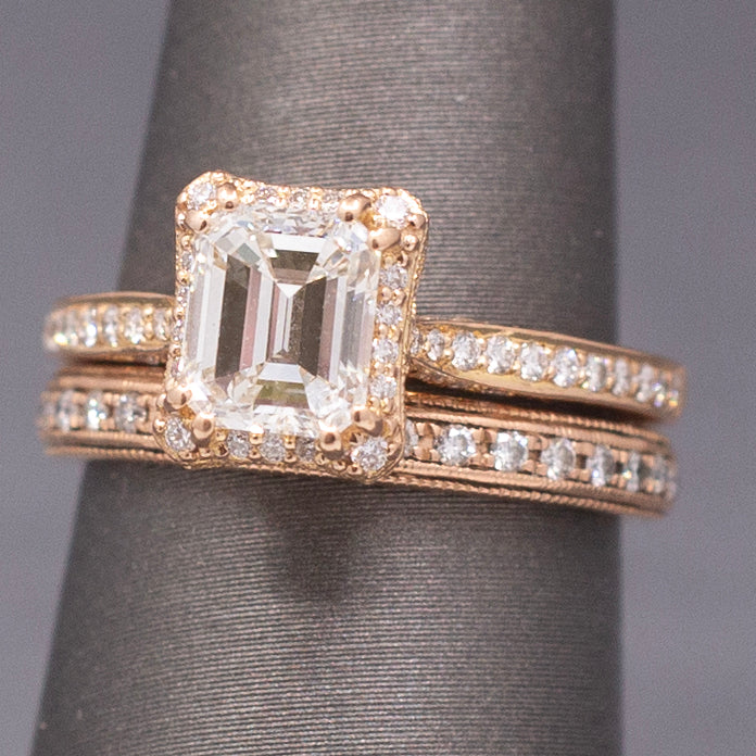 Vintage Tacori Emerald Cut Natural Diamond Engagement Ring in 18k Rose Gold with 14k Diamond Wedding Band