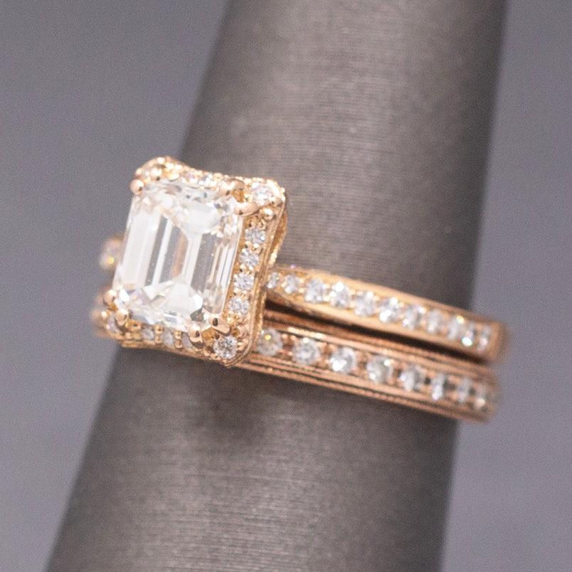 Vintage Tacori Emerald Cut Natural Diamond Engagement Ring in 18k Rose Gold with 14k Diamond Wedding Band