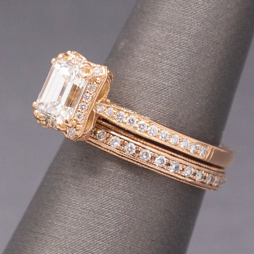 Vintage Tacori Emerald Cut Natural Diamond Engagement Ring in 18k Rose Gold with 14k Diamond Wedding Band