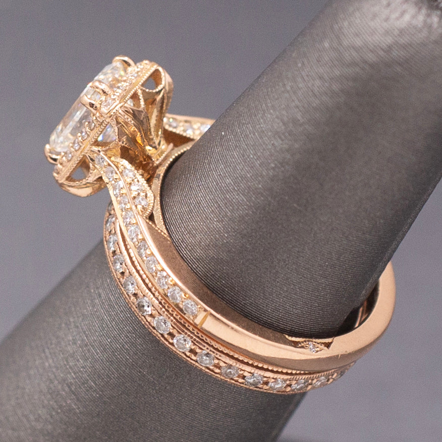 Vintage Tacori Emerald Cut Natural Diamond Engagement Ring in 18k Rose Gold with 14k Diamond Wedding Band