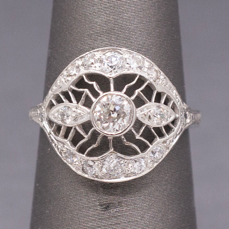 Lacy Domed Art Deco Bezel Set Old European Cut Diamond Ring in Platinum