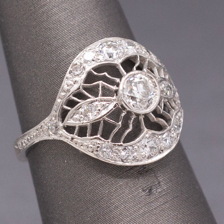 Lacy Domed Art Deco Bezel Set Old European Cut Diamond Ring in Platinum