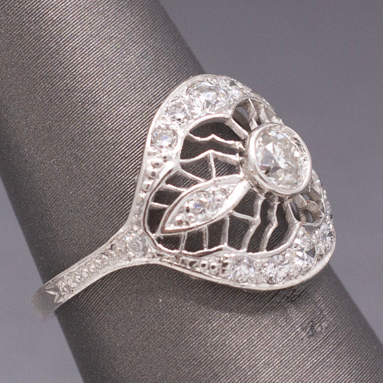 Lacy Domed Art Deco Bezel Set Old European Cut Diamond Ring in Platinum