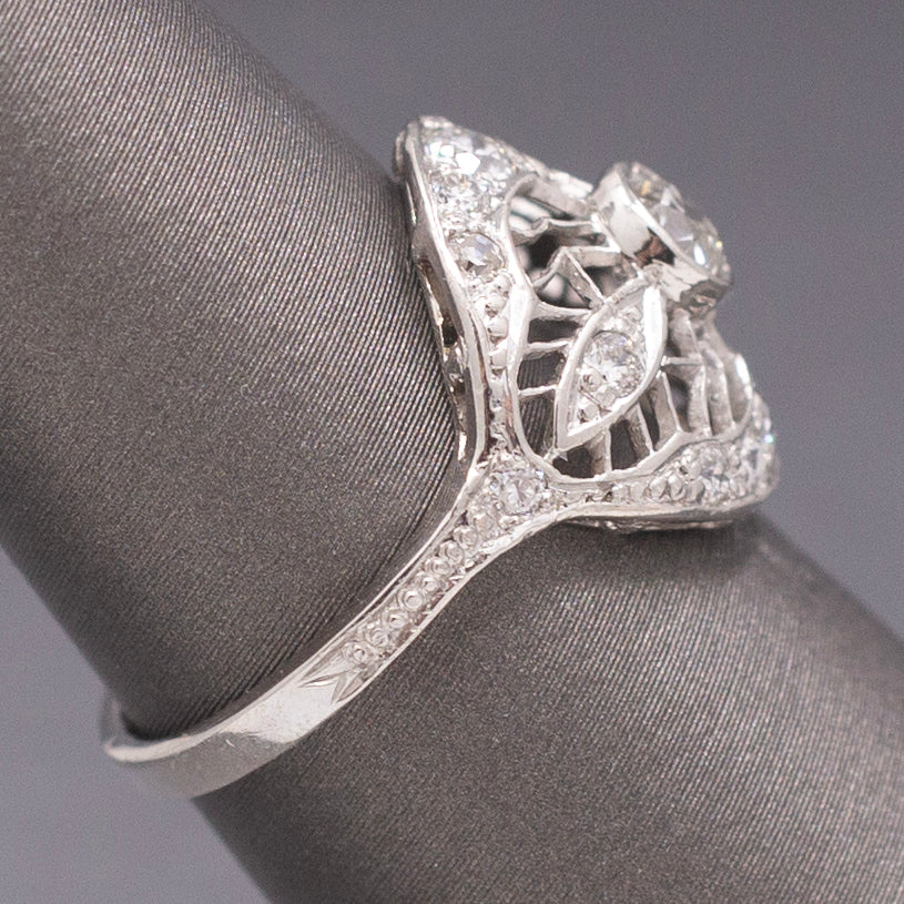 Lacy Domed Art Deco Bezel Set Old European Cut Diamond Ring in Platinum
