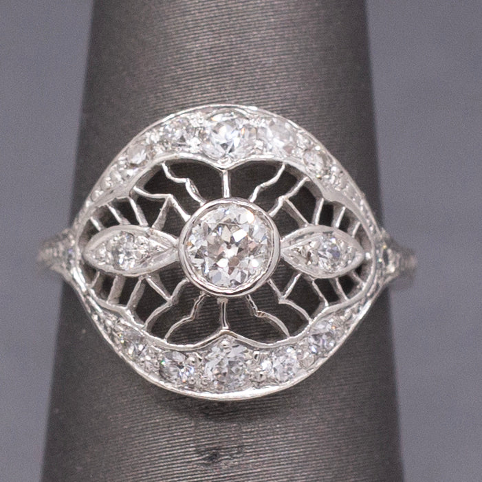 Lacy Domed Art Deco Bezel Set Old European Cut Diamond Ring in Platinum