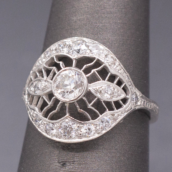 Lacy Domed Art Deco Bezel Set Old European Cut Diamond Ring in Platinum