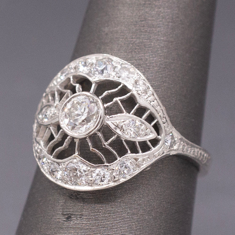 Lacy Domed Art Deco Bezel Set Old European Cut Diamond Ring in Platinum