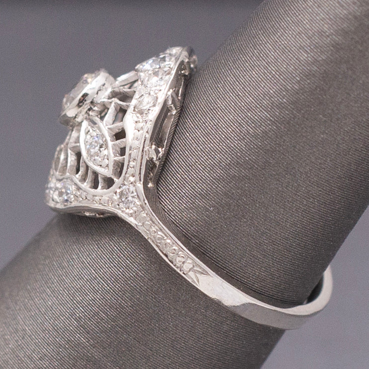 Lacy Domed Art Deco Bezel Set Old European Cut Diamond Ring in Platinum
