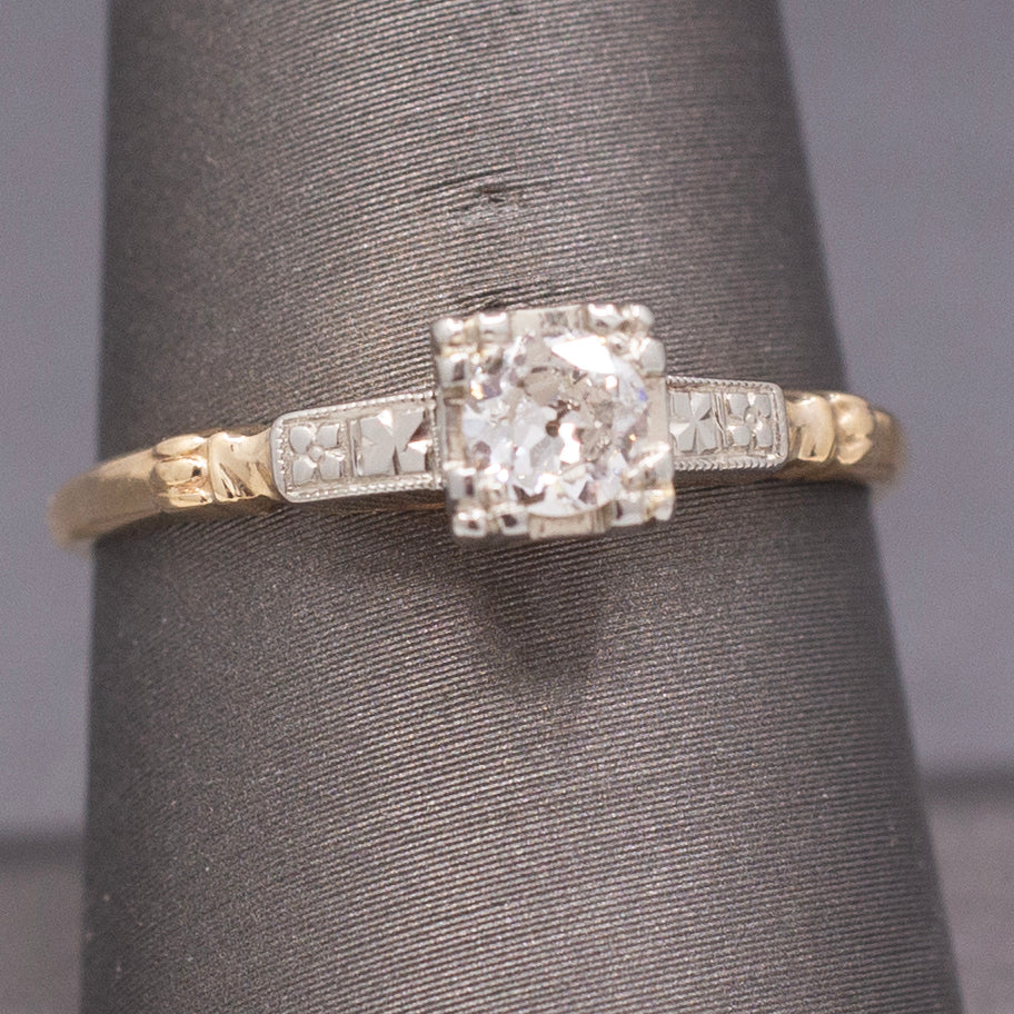 Petite Late Art Deco Old European Cut Diamond Two Tone Solitaire Ring in 14k