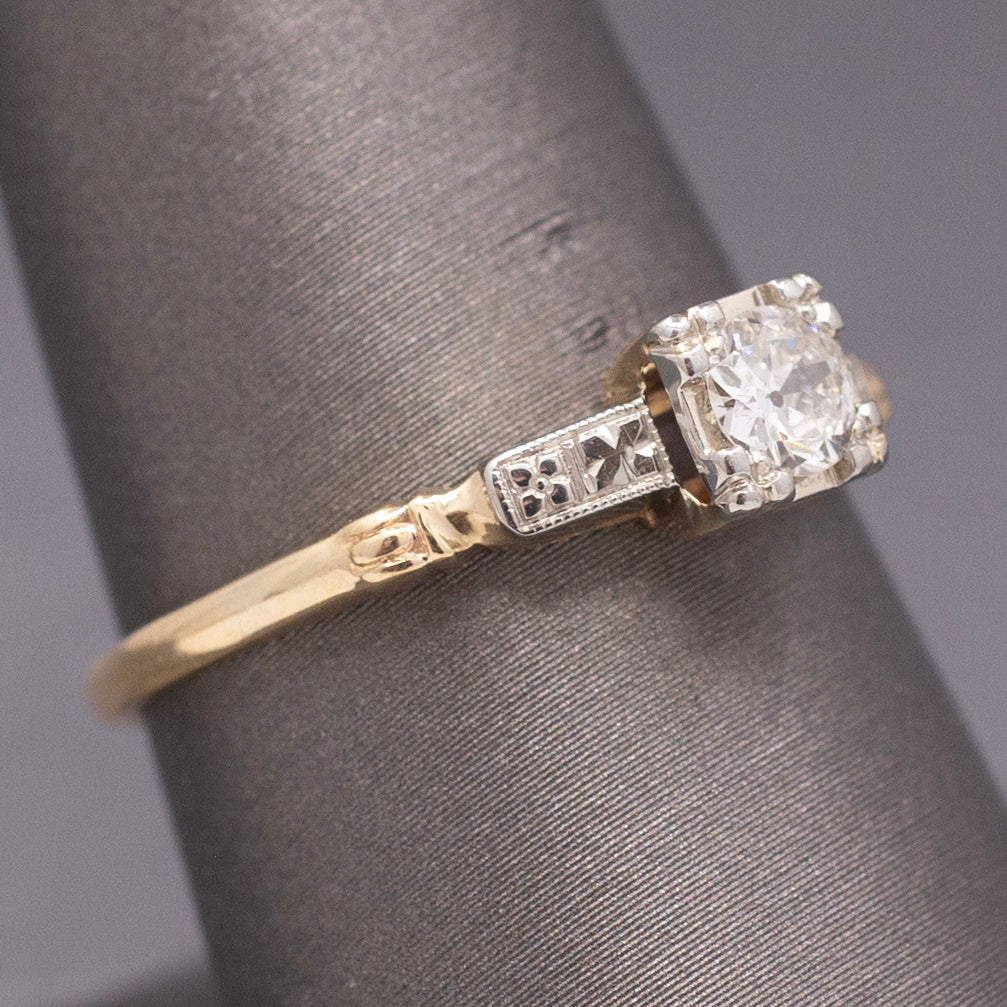 Petite Late Art Deco Old European Cut Diamond Two Tone Solitaire Ring in 14k
