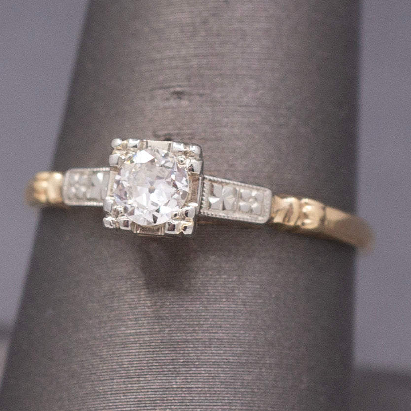 Petite Late Art Deco Old European Cut Diamond Two Tone Solitaire Ring in 14k