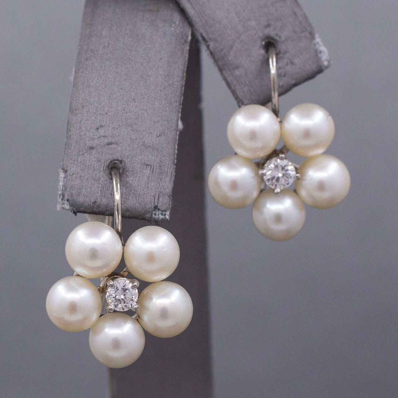 Vintage Diamond and Pearl Flower Drop Lever Back Earrings in 14k White Gold