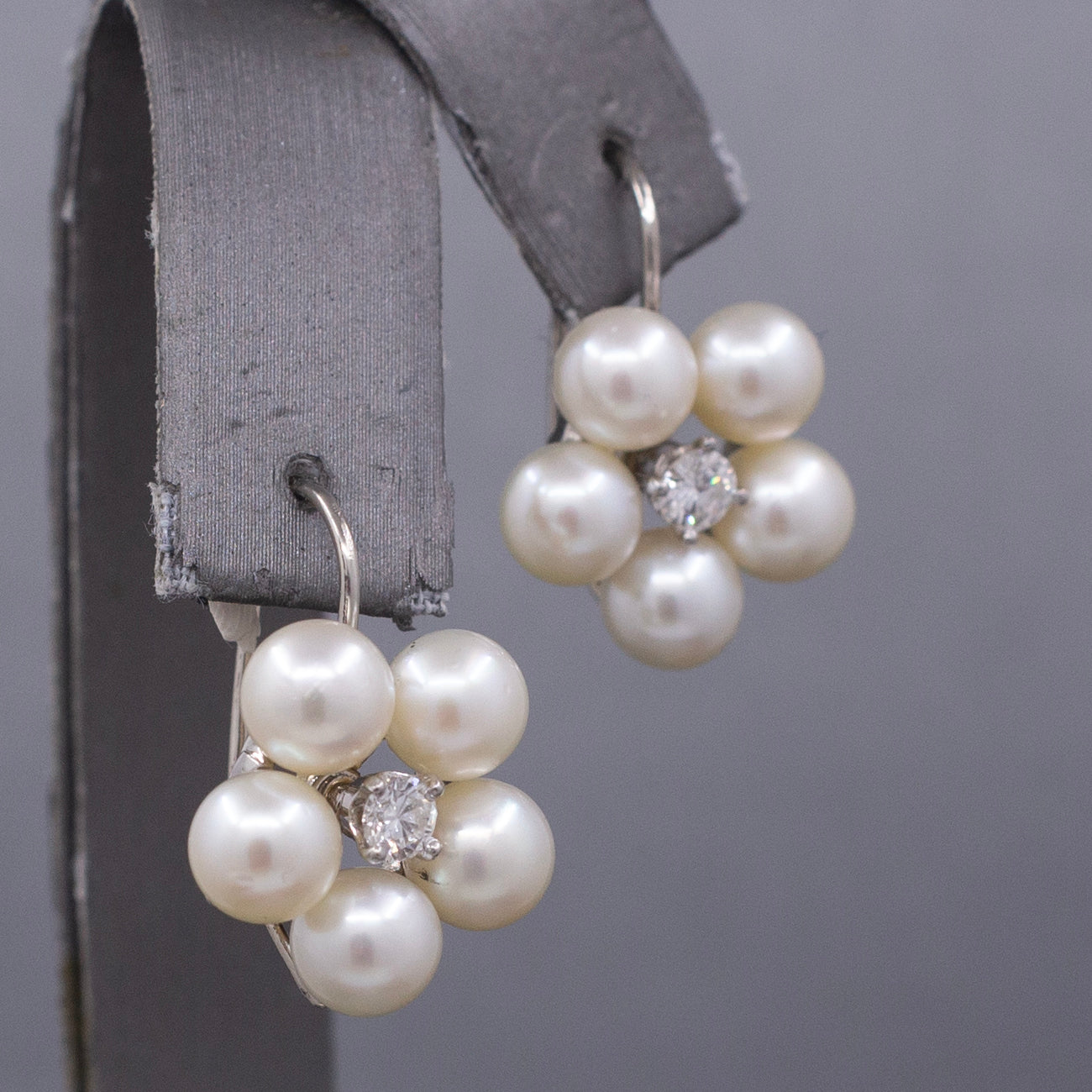 Vintage Diamond and Pearl Flower Drop Lever Back Earrings in 14k White Gold