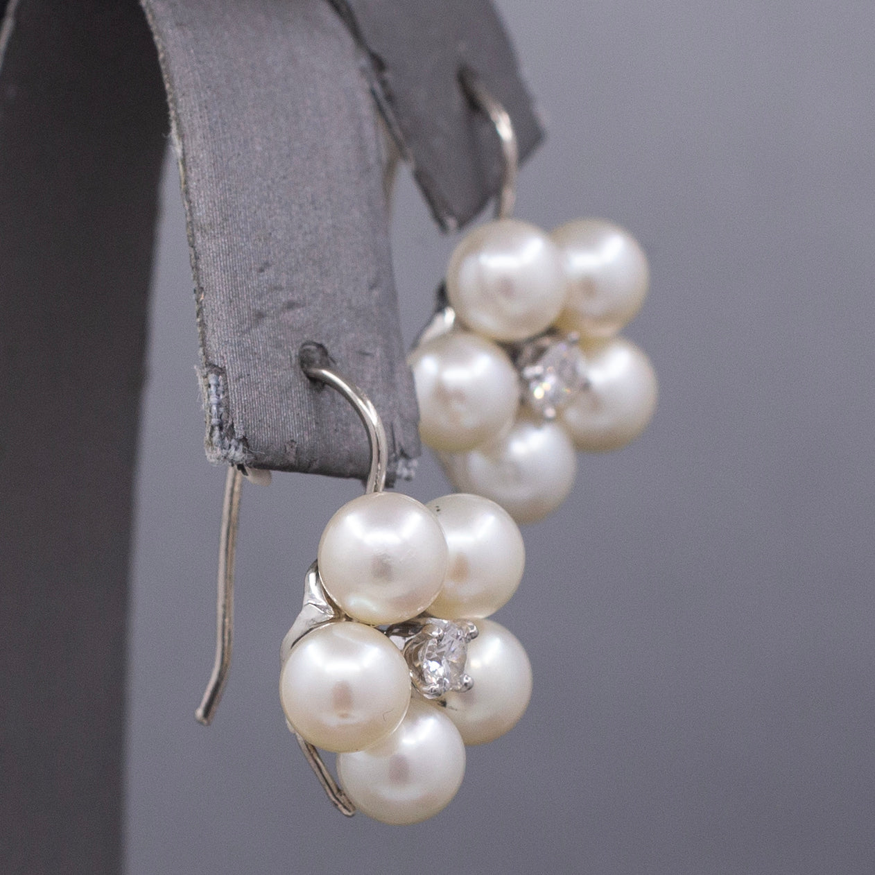 Vintage Diamond and Pearl Flower Drop Lever Back Earrings in 14k White Gold