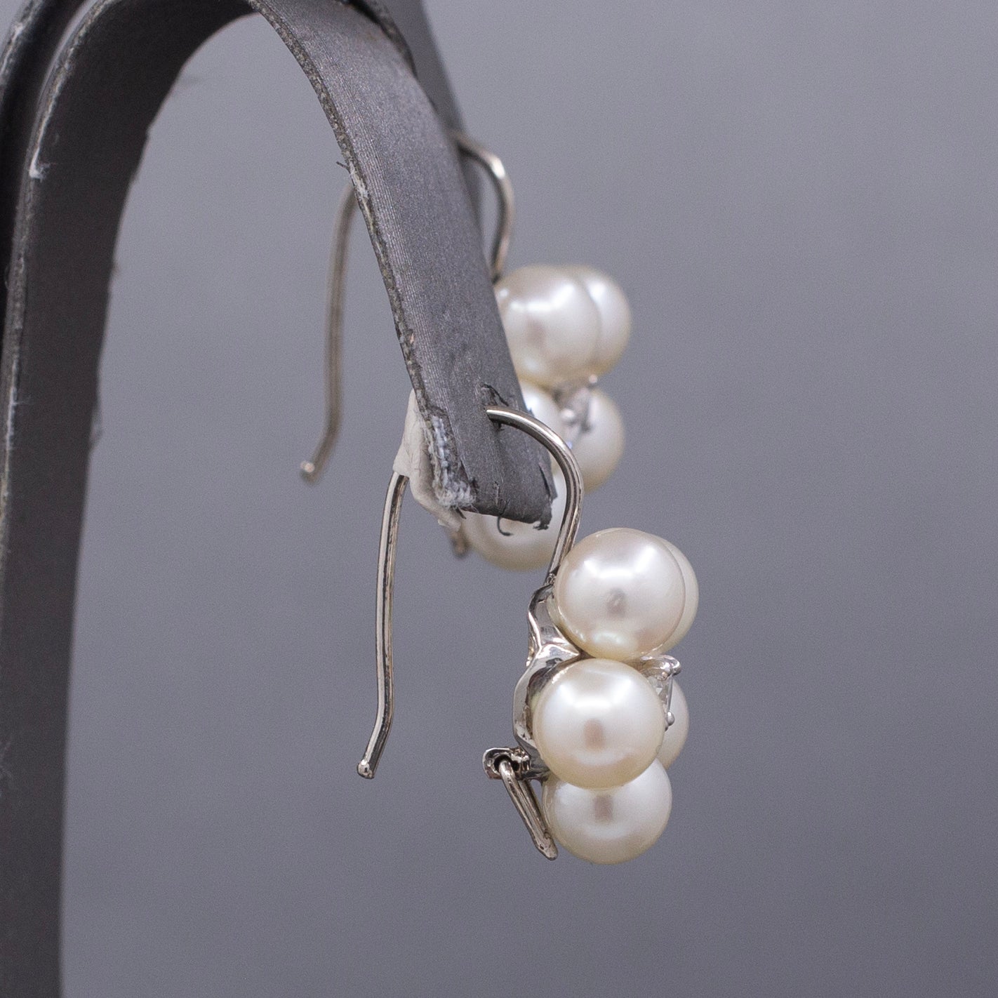 Vintage Diamond and Pearl Flower Drop Lever Back Earrings in 14k White Gold